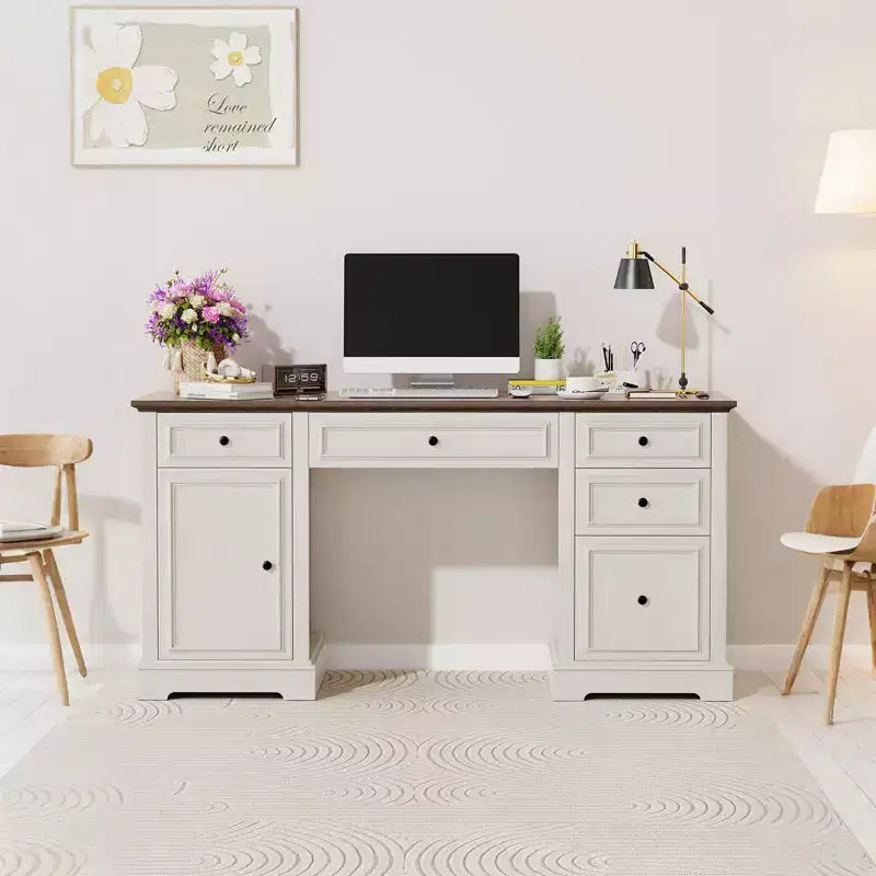 60" Farmhouse Executive Desk with Drawers and Cabinet – Rustic Wood Home Office Desk