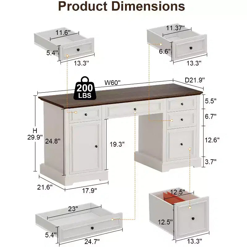 60" Farmhouse Executive Desk with Drawers and Cabinet – Rustic Wood Home Office Desk