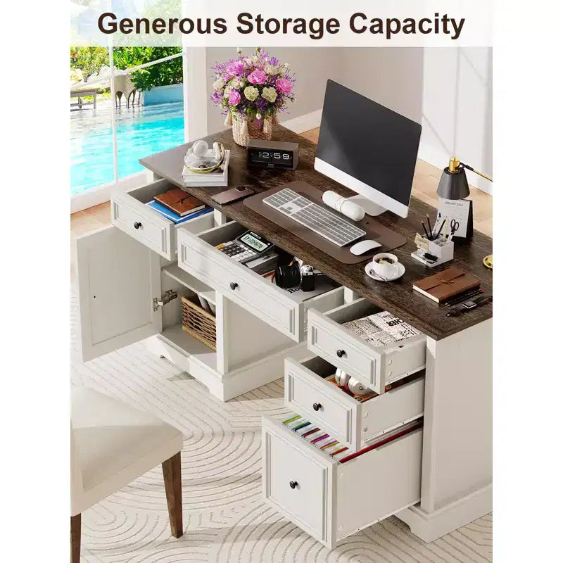 60" Farmhouse Executive Desk with Drawers and Cabinet – Rustic Wood Home Office Desk
