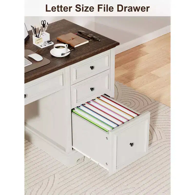 60" Farmhouse Executive Desk with Drawers and Cabinet – Rustic Wood Home Office Desk