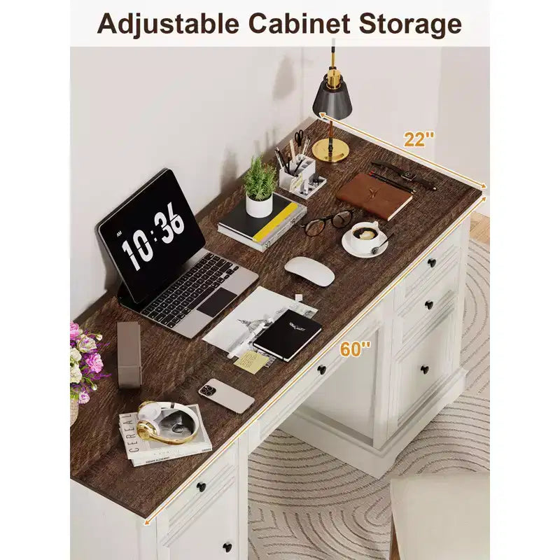 60" Farmhouse Executive Desk with Drawers and Cabinet – Rustic Wood Home Office Desk