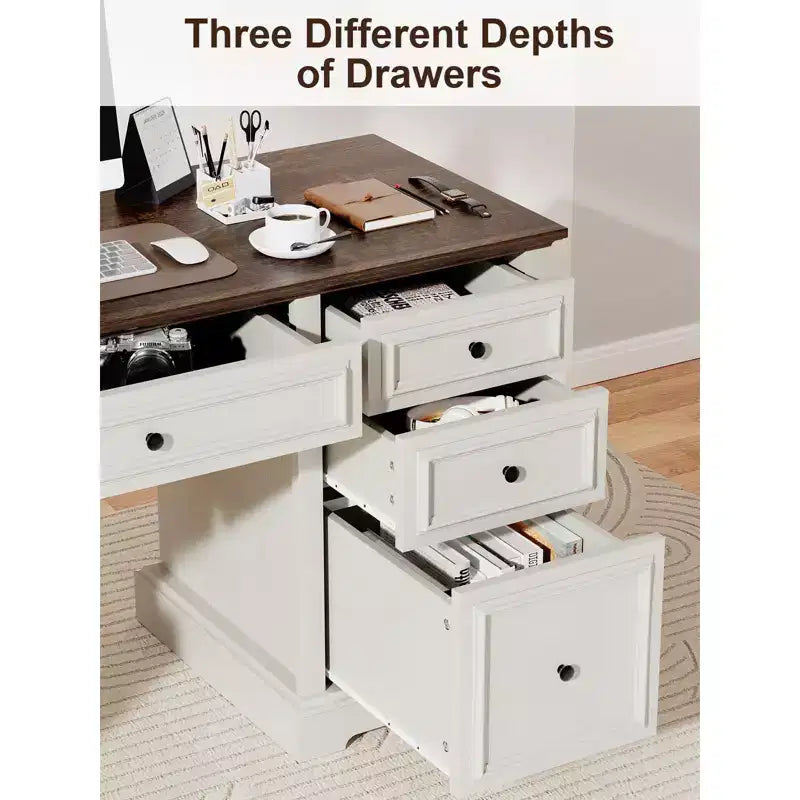 60" Farmhouse Executive Desk with Drawers and Cabinet – Rustic Wood Home Office Desk