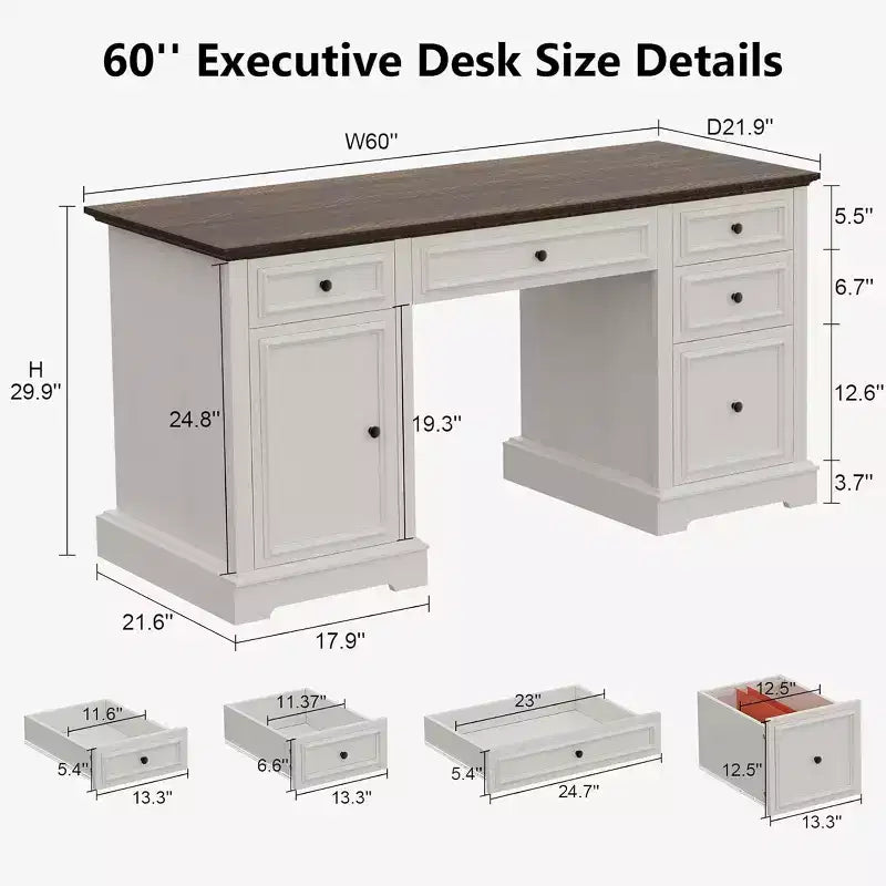 60" Farmhouse Executive Desk with Drawers and Cabinet – Rustic Wood Home Office Desk
