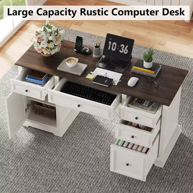 60" Farmhouse Executive Desk with Drawers and Cabinet – Rustic Wood Home Office Desk