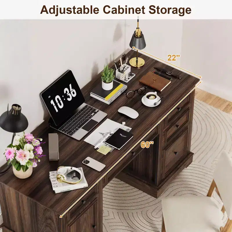 60" Farmhouse Executive Desk with Drawers and Cabinet – Rustic Wood Home Office Desk