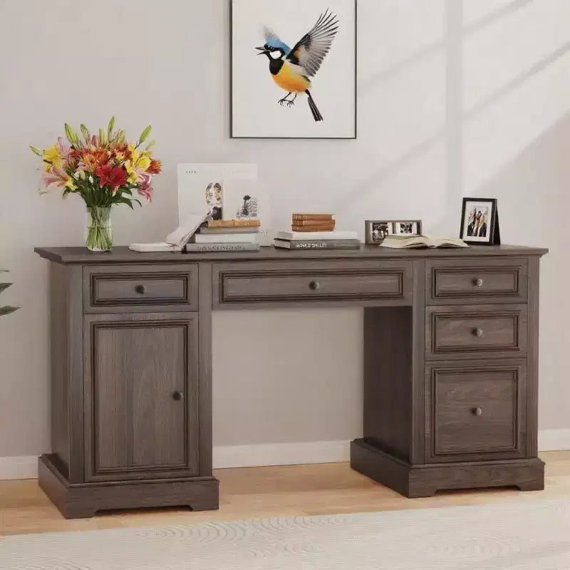 60" Farmhouse Executive Desk with Drawers and Cabinet – Rustic Wood Home Office Desk