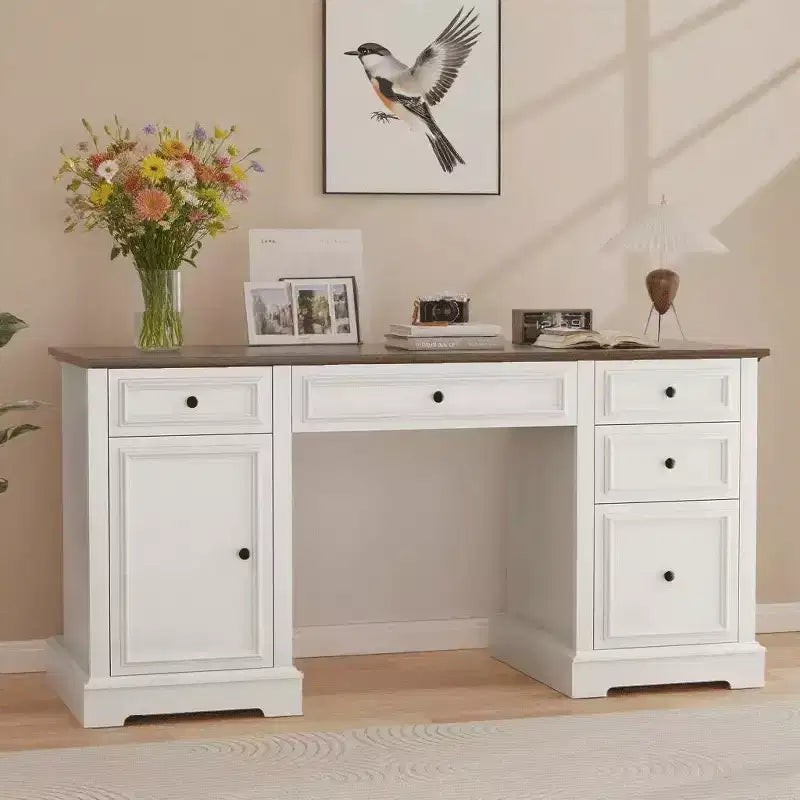 60" Farmhouse Executive Desk with Drawers and Cabinet – Rustic Wood Home Office Desk