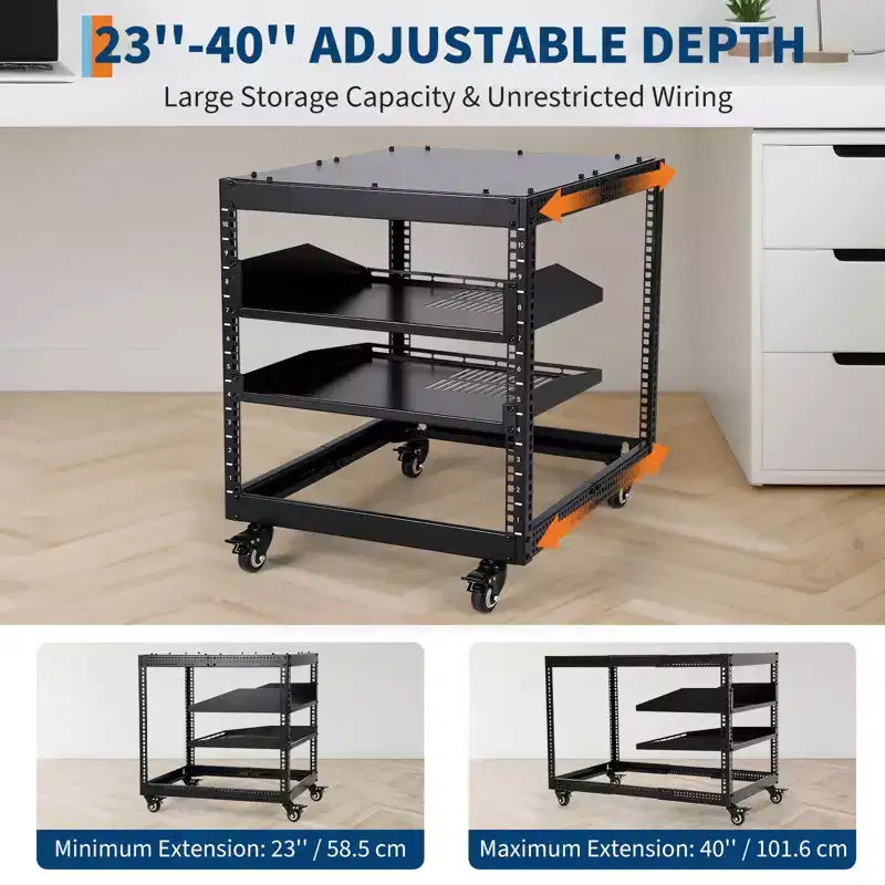 Open Frame Server Rack with Adjustable Depth, Wall Mount and Floor Standing, 19-Inch Rackmount Compatible