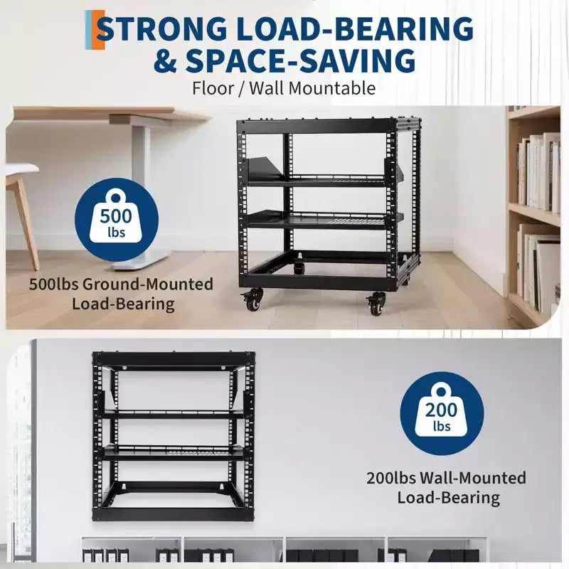 Open Frame Server Rack with Adjustable Depth, Wall Mount and Floor Standing, 19-Inch Rackmount Compatible