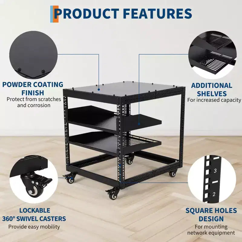 Open Frame Server Rack with Adjustable Depth, Wall Mount and Floor Standing, 19-Inch Rackmount Compatible