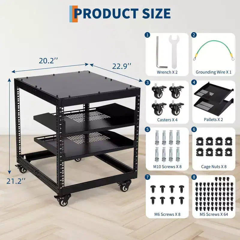 Open Frame Server Rack with Adjustable Depth, Wall Mount and Floor Standing, 19-Inch Rackmount Compatible