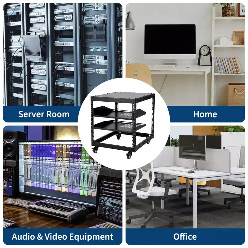 Open Frame Server Rack with Adjustable Depth, Wall Mount and Floor Standing, 19-Inch Rackmount Compatible