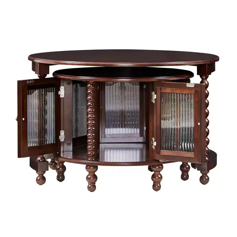 Vintage Round Nesting Coffee Table Set with Bamboo-Style Glass Doors & Beaded Legs, Walnut