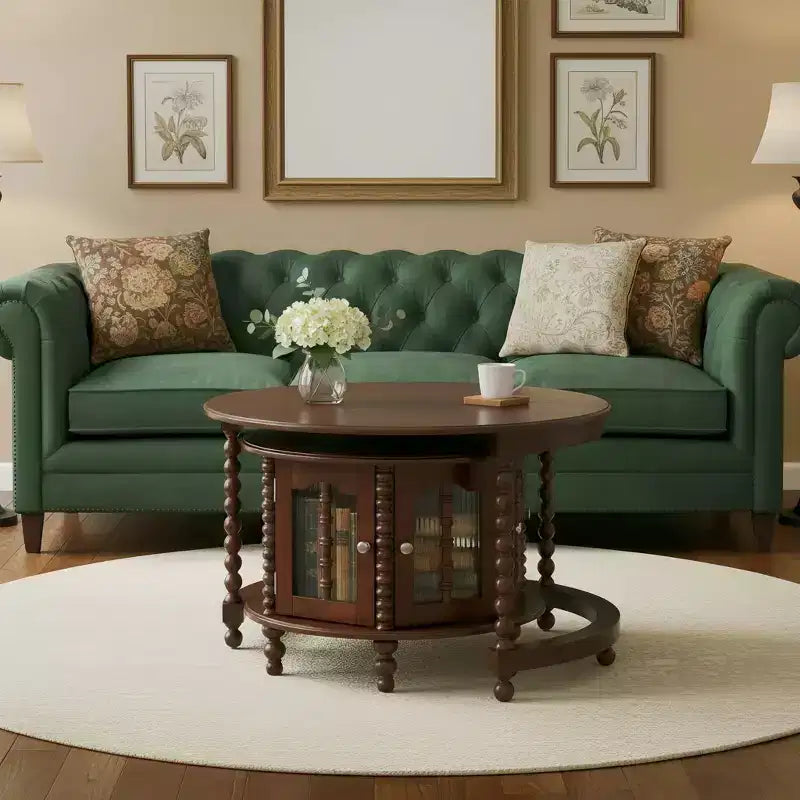 Vintage Round Nesting Coffee Table Set with Bamboo-Style Glass Doors & Beaded Legs, Walnut
