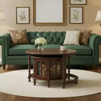 Vintage Round Nesting Coffee Table Set with Bamboo-Style Glass Doors & Beaded Legs, Walnut