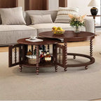 Vintage Round Nesting Coffee Table Set with Bamboo-Style Glass Doors & Beaded Legs, Walnut