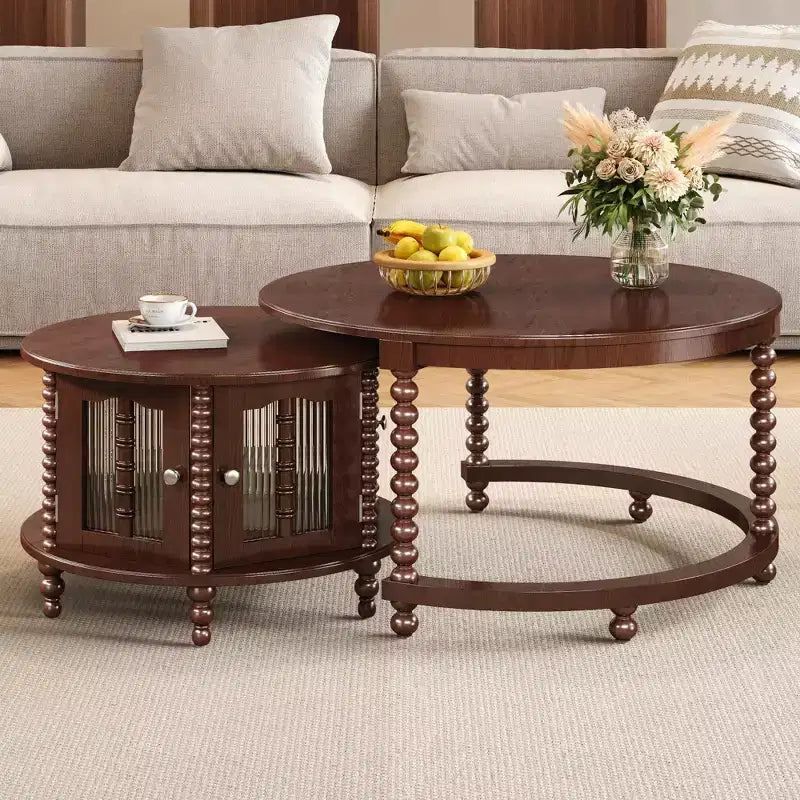 Vintage Round Nesting Coffee Table Set with Bamboo-Style Glass Doors & Beaded Legs, Walnut