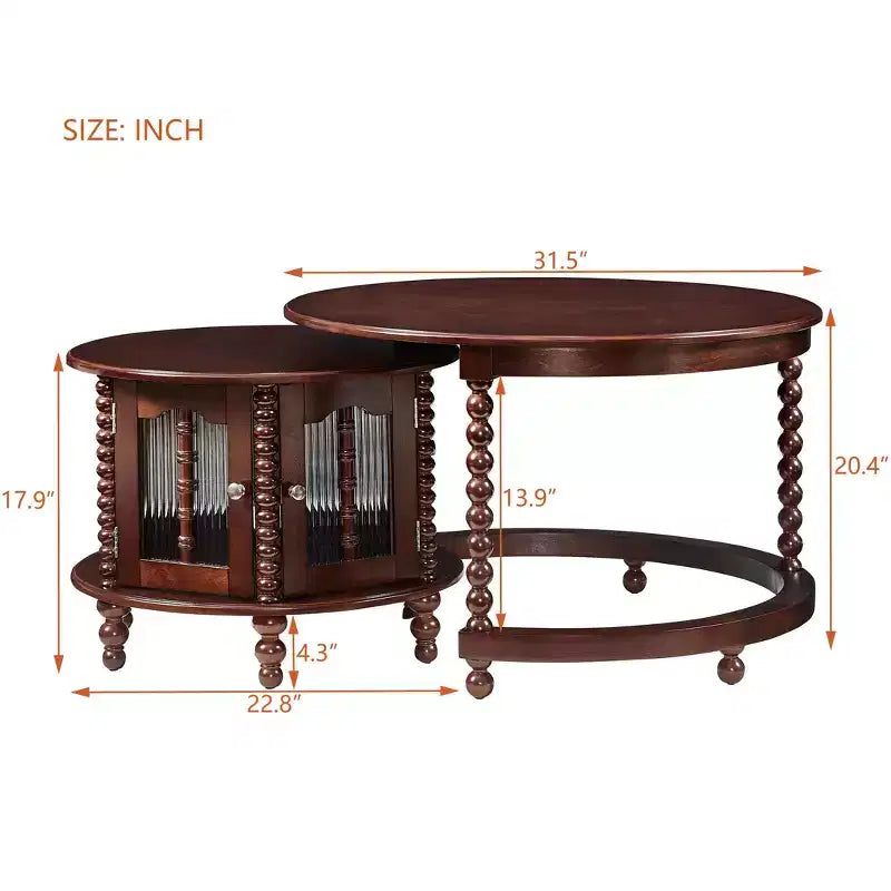 Vintage Round Nesting Coffee Table Set with Bamboo-Style Glass Doors & Beaded Legs, Walnut