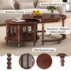 Vintage Round Nesting Coffee Table Set with Bamboo-Style Glass Doors & Beaded Legs, Walnut