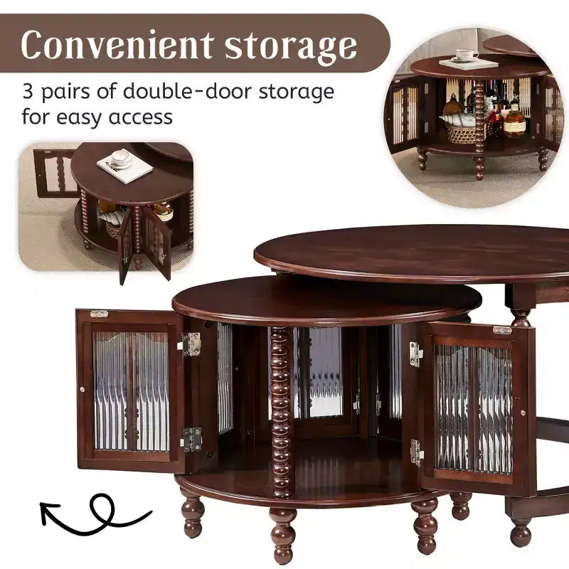 Vintage Round Nesting Coffee Table Set with Bamboo-Style Glass Doors & Beaded Legs, Walnut
