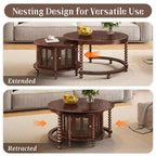 Vintage Round Nesting Coffee Table Set with Bamboo-Style Glass Doors & Beaded Legs, Walnut
