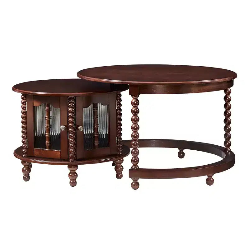 Vintage Round Nesting Coffee Table Set with Bamboo-Style Glass Doors & Beaded Legs, Walnut