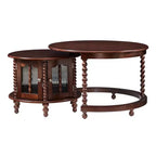 Vintage Round Nesting Coffee Table Set with Bamboo-Style Glass Doors & Beaded Legs, Walnut