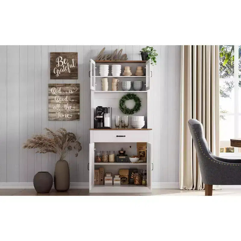 70" Tall Kitchen Pantry Cabinet with Microwave Stand and Coffee Bar, Freestanding Hutch with 4 Doors and Adjustable Shelves