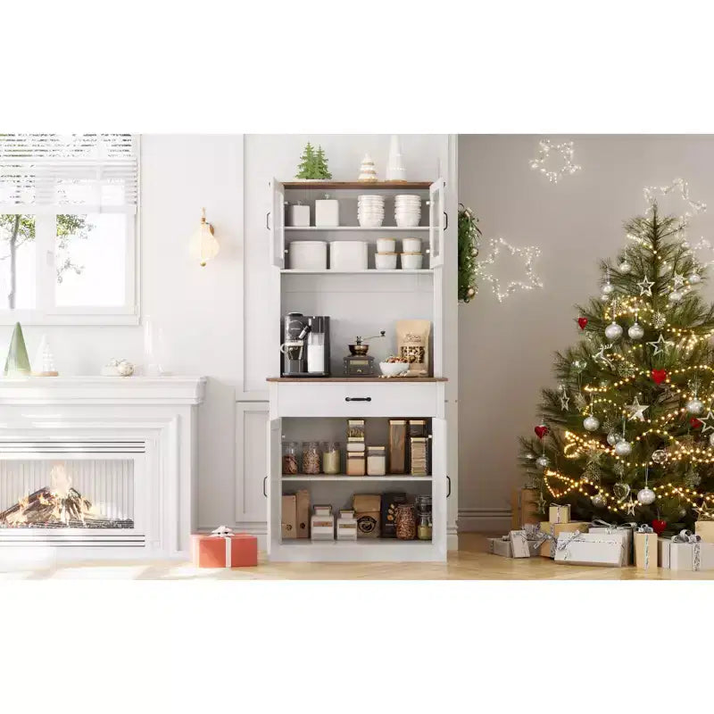 70" Tall Kitchen Pantry Cabinet with Microwave Stand and Coffee Bar, Freestanding Hutch with 4 Doors and Adjustable Shelves