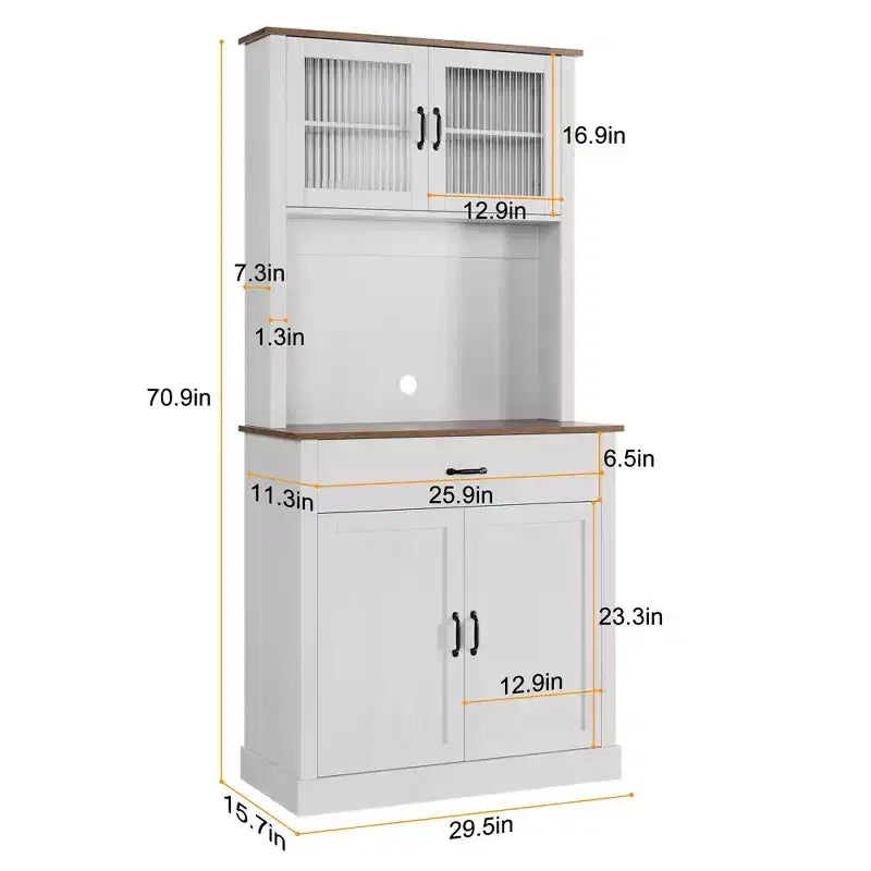 70" Tall Kitchen Pantry Cabinet with Microwave Stand and Coffee Bar, Freestanding Hutch with 4 Doors and Adjustable Shelves