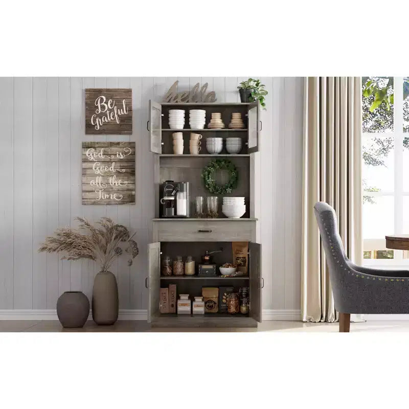 70" Tall Kitchen Pantry Cabinet with Microwave Stand and Coffee Bar, Freestanding Hutch with 4 Doors and Adjustable Shelves