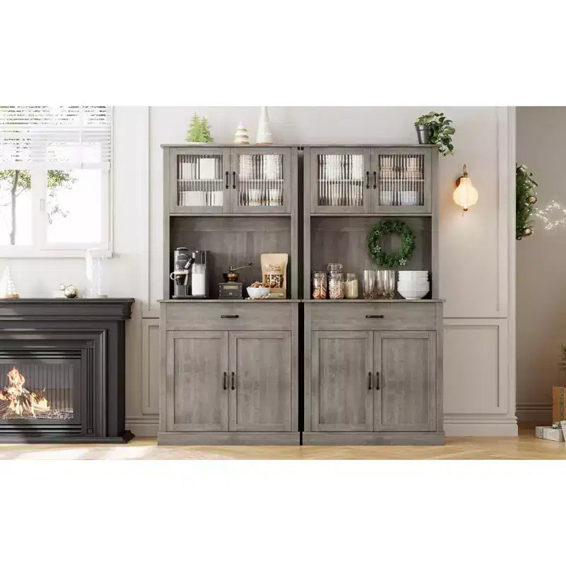 70" Tall Kitchen Pantry Cabinet with Microwave Stand and Coffee Bar, Freestanding Hutch with 4 Doors and Adjustable Shelves