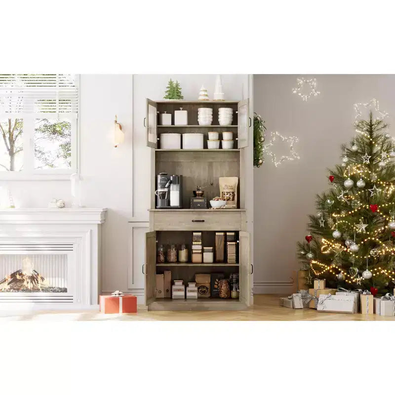 70" Tall Kitchen Pantry Cabinet with Microwave Stand and Coffee Bar, Freestanding Hutch with 4 Doors and Adjustable Shelves