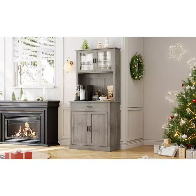 70" Tall Kitchen Pantry Cabinet with Microwave Stand and Coffee Bar, Freestanding Hutch with 4 Doors and Adjustable Shelves