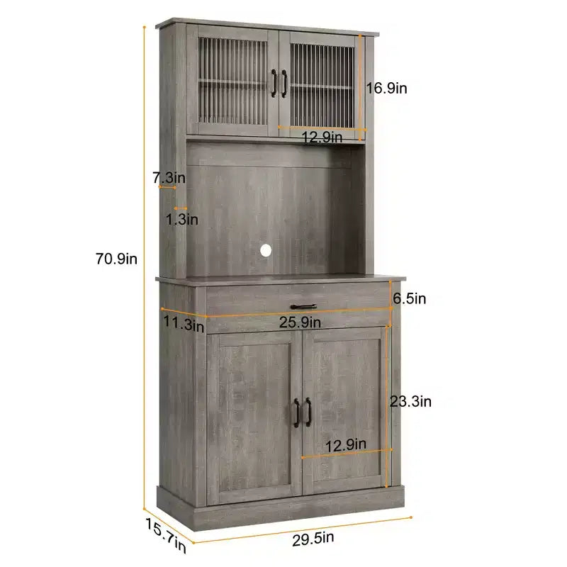 70" Tall Kitchen Pantry Cabinet with Microwave Stand and Coffee Bar, Freestanding Hutch with 4 Doors and Adjustable Shelves