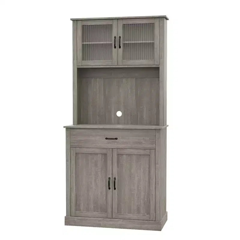 70" Tall Kitchen Pantry Cabinet with Microwave Stand and Coffee Bar, Freestanding Hutch with 4 Doors and Adjustable Shelves