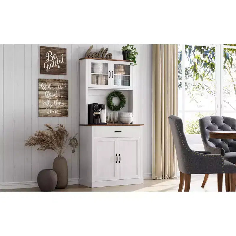 70" Tall Kitchen Pantry Cabinet with Microwave Stand and Coffee Bar, Freestanding Hutch with 4 Doors and Adjustable Shelves