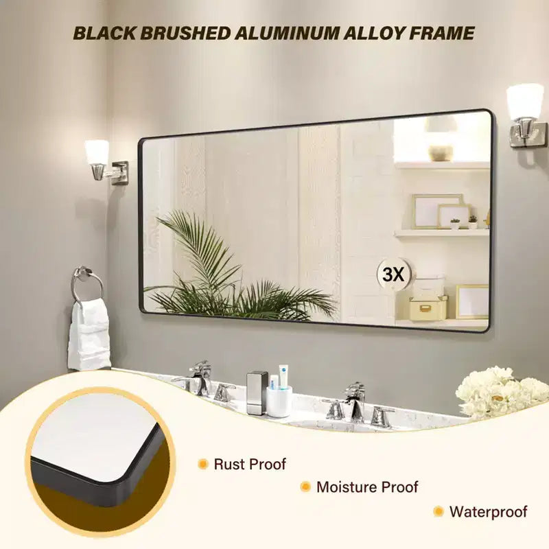 72 x 36 Black Metal Framed Wall Mirror with 3X Magnifying Mirror, Hangs Horizontally or Vertically
