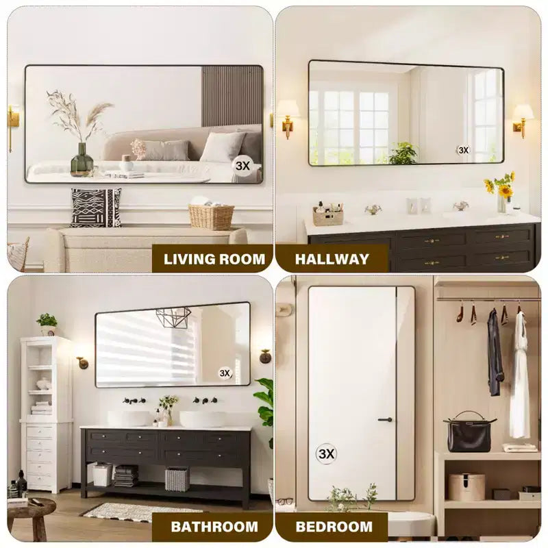 72 x 36 Black Metal Framed Wall Mirror with 3X Magnifying Mirror, Hangs Horizontally or Vertically