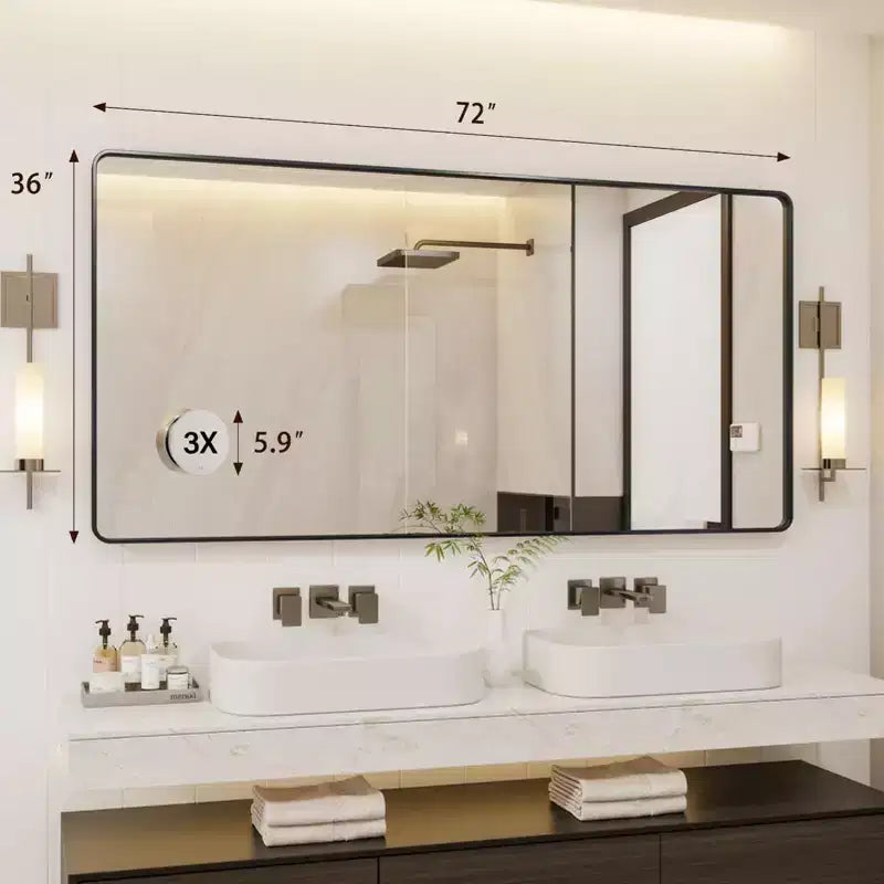 72 x 36 Black Metal Framed Wall Mirror with 3X Magnifying Mirror, Hangs Horizontally or Vertically
