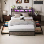 Metal Platform Bed with Storage Drawers, LED Lights and Charging Station