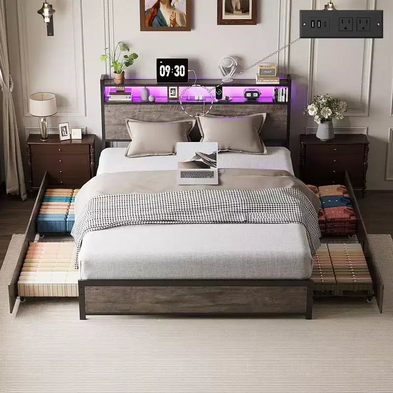 Metal Platform Bed with Storage Drawers, LED Lights and Charging Station