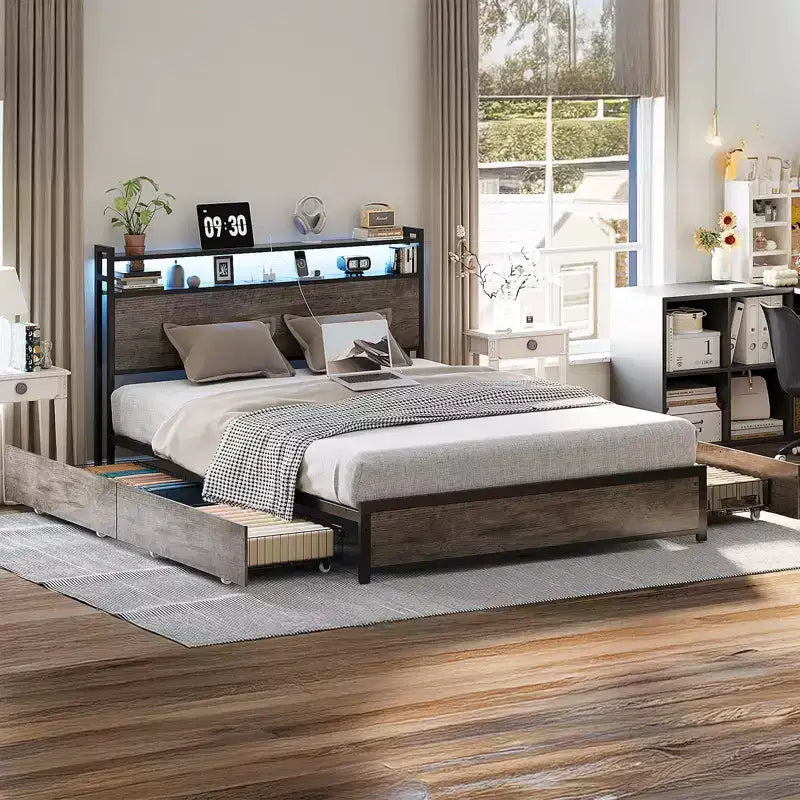 Metal Platform Bed with Storage Drawers, LED Lights and Charging Station