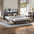 Metal Platform Bed with Storage Drawers, LED Lights and Charging Station