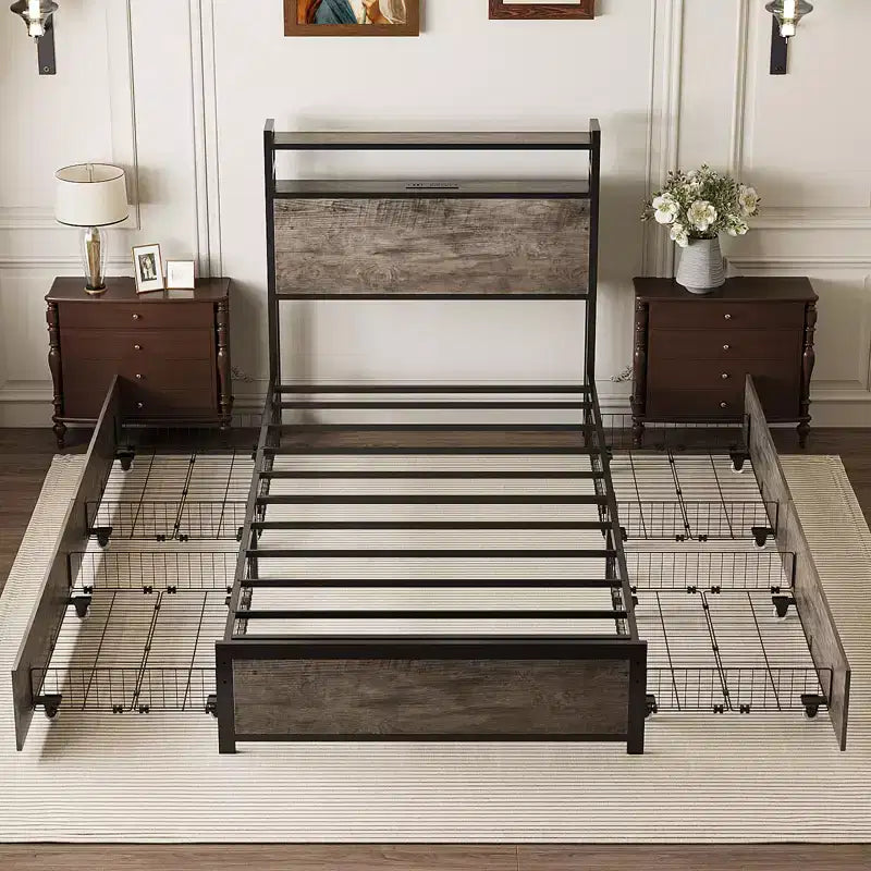 Metal Platform Bed with Storage Drawers, LED Lights and Charging Station