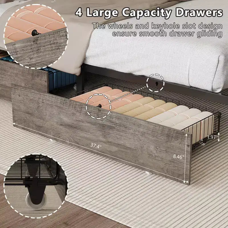 Metal Platform Bed with Storage Drawers, LED Lights and Charging Station