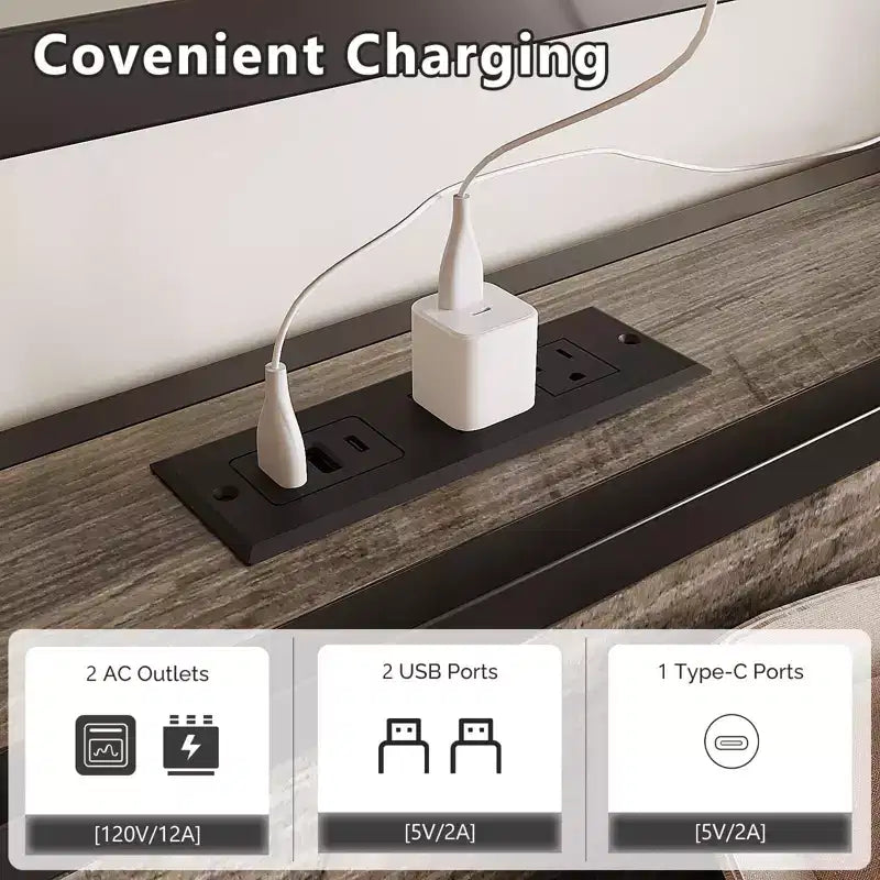 Metal Platform Bed with Storage Drawers, LED Lights and Charging Station