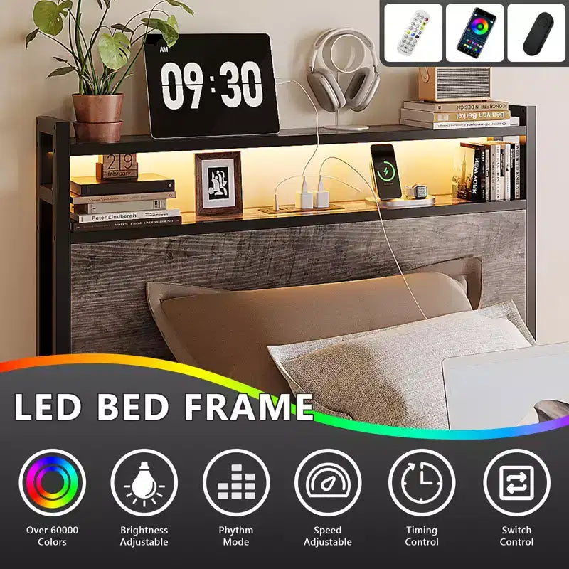 Metal Platform Bed with Storage Drawers, LED Lights and Charging Station
