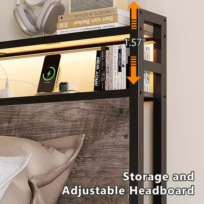 Metal Platform Bed with Storage Drawers, LED Lights and Charging Station