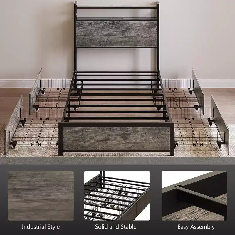Metal Platform Bed with Storage Drawers, LED Lights and Charging Station